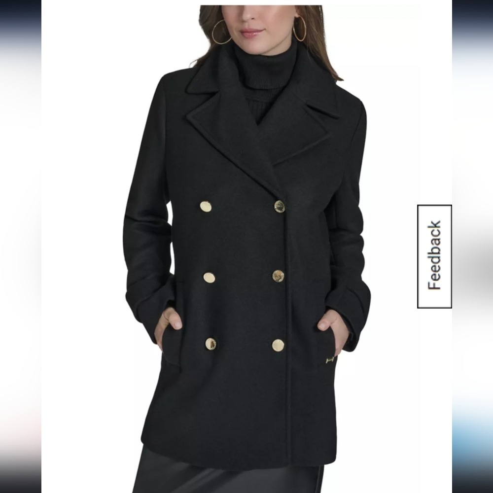 Halston Heritage Black  Double Breasted Pea Coat w/ Gold Buttons Womens Sz S NWT